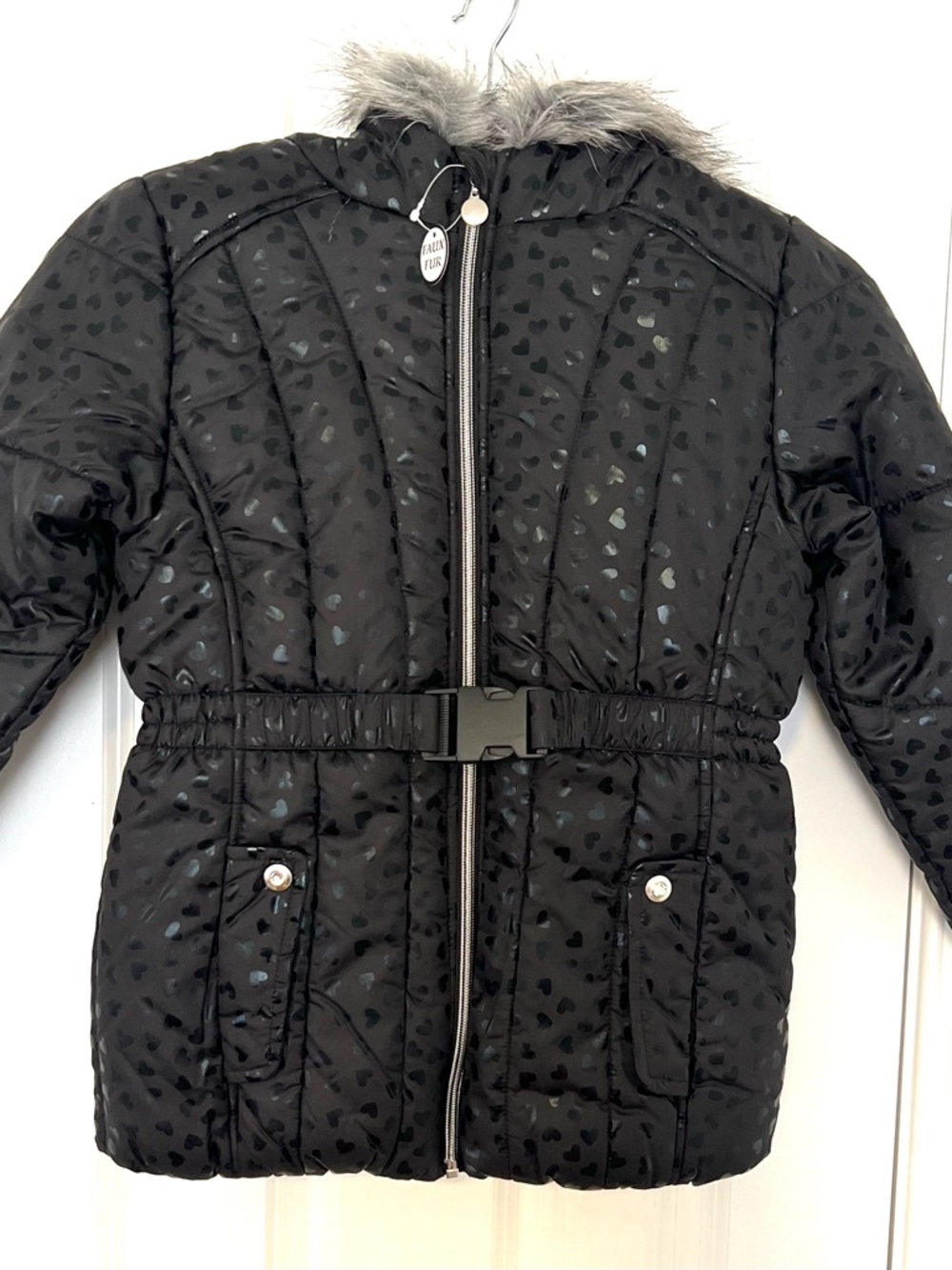 Rothschild Black Heart-Print Puffer Jacket with Faux Fur Trim
